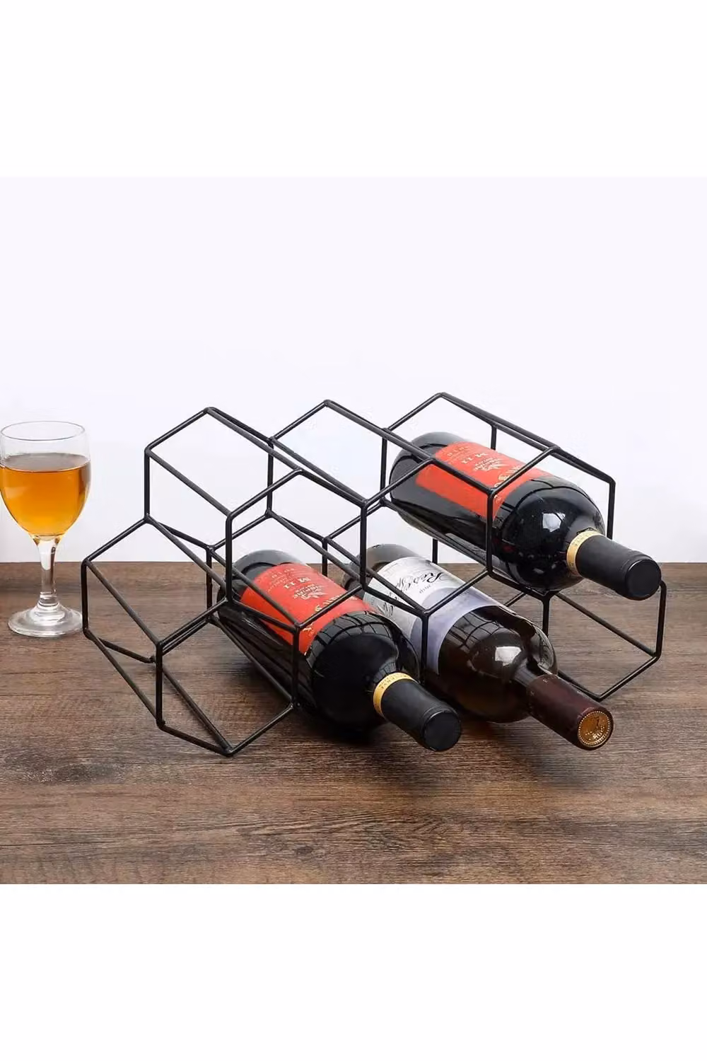 Living and Home Hexagon Beehive Wine Rack, Black Metal Countertop 7 Bottle Holder – 4