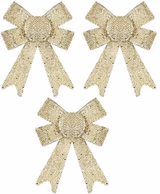 VFM e-Store Tinsel Bows Christmas Decorations in Gold and Beige, Pack of 3, W/D/H: 10 x 13 x 3 cm