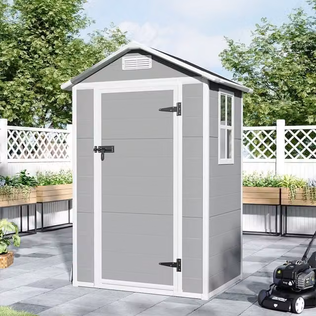 Lifeideas Grey and Black Plastic Gable Roof Tool Storage Shed with Window and Lock, Height: 133.5 cm
