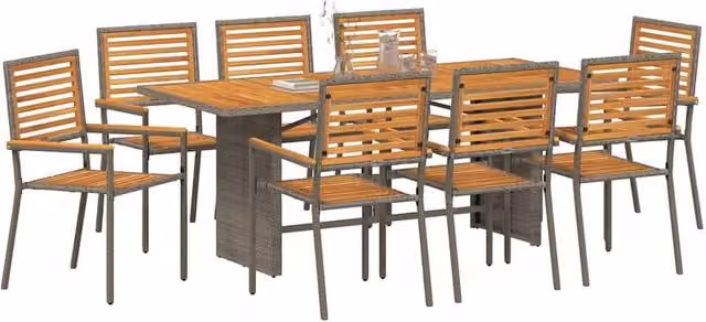Berkfield Home 9 Piece Grey Poly Rattan and Acacia Wood Garden Dining Set – 1