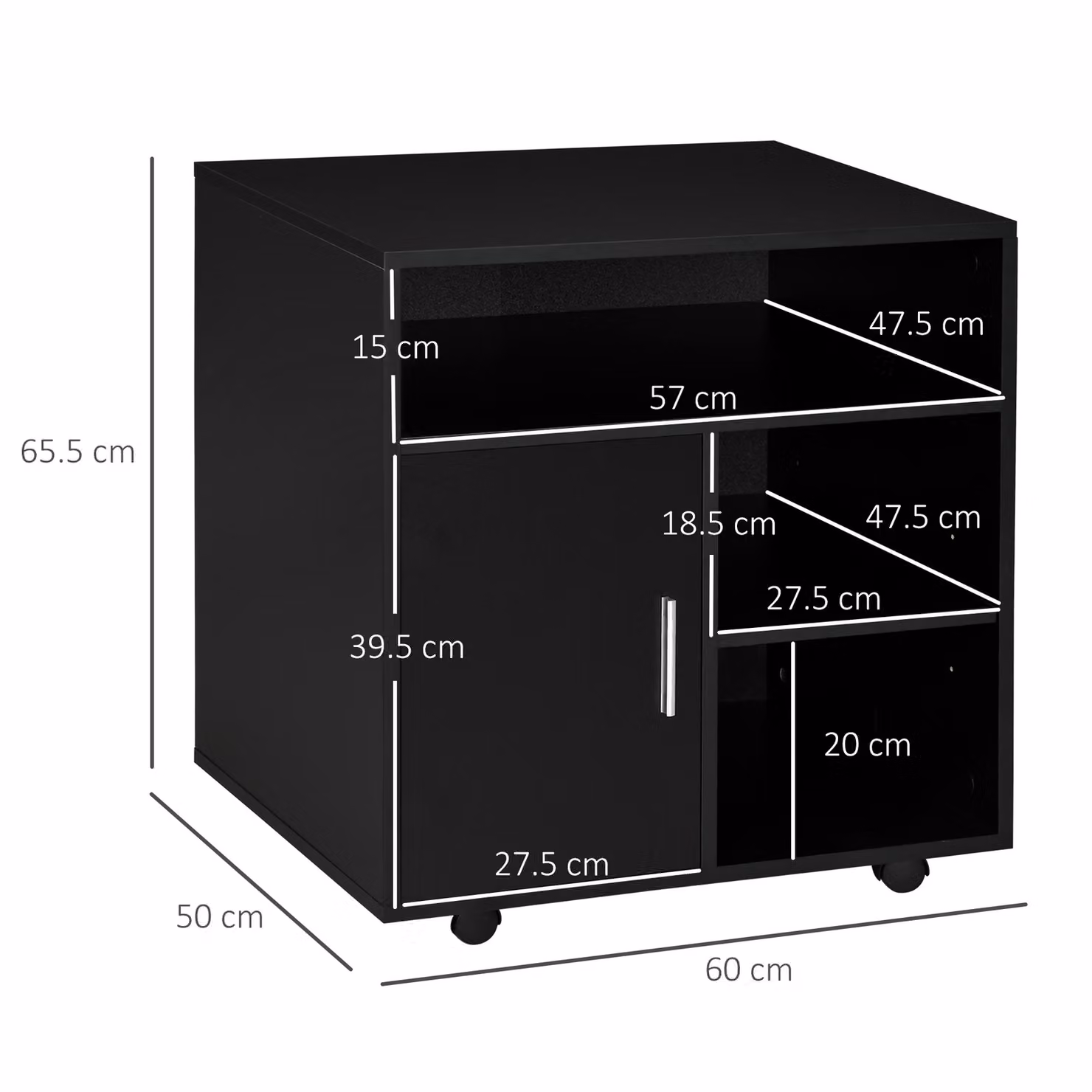 HOMCOM Mobile Printer Stand with Multiple Storage, Modern Black Office Desk Side Unit on Wheels, W: 60 cm, D: 50 cm, H: 65.5 cm – 3