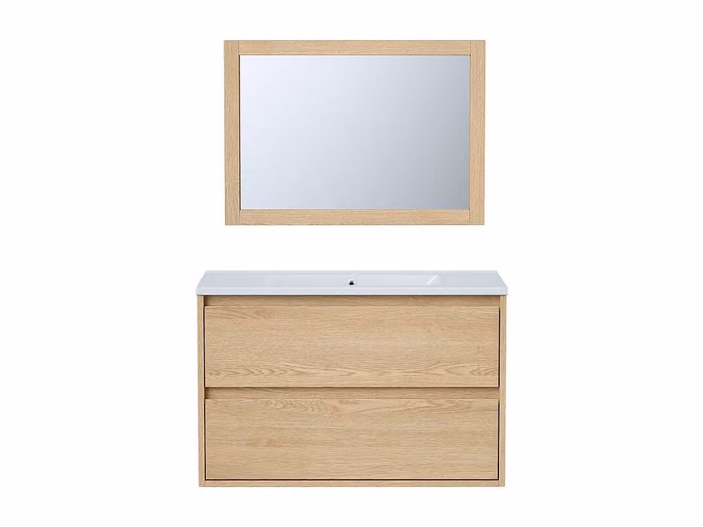 Vente-unique Suspended Bathroom Furniture Set with Built-In Basin and Mirror in Light Oak Veneer – 2