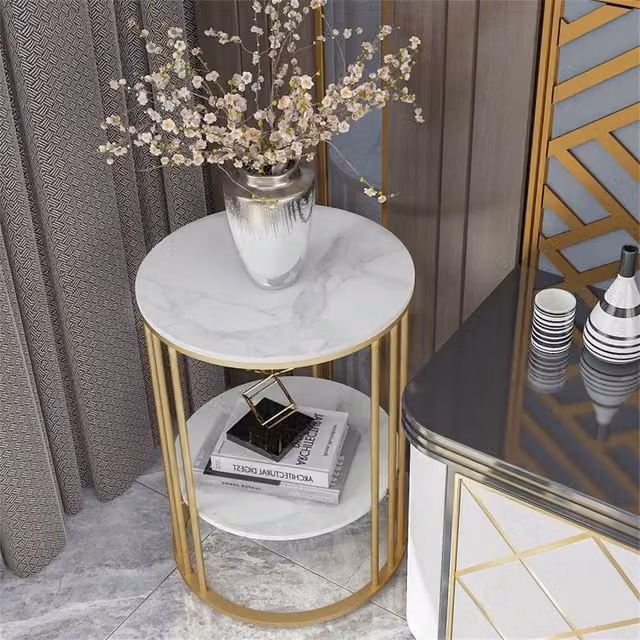 VOGREX Round Marble Coffee Table with Gold Tiered Shelves – 1