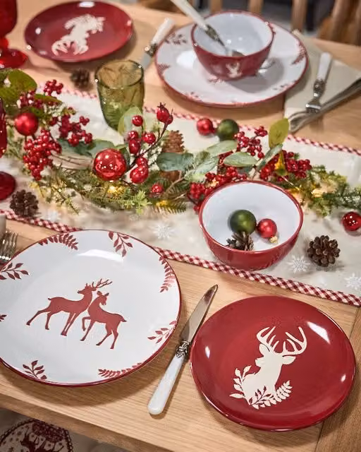 Dibor 12 Piece Red and White Reindeer Ceramic Christmas Dinner Set for 4 Adults – 1