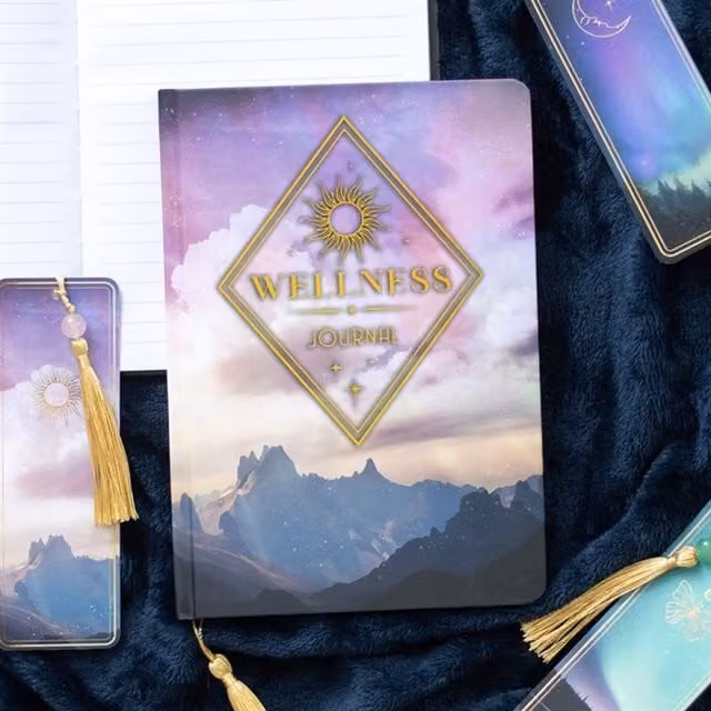 KDMK Ethereal A5 Wellness Journal with Gold Sun Holographic Edging, Purple, Pink and Gold Hardcover with Lined Paper and Bookmark