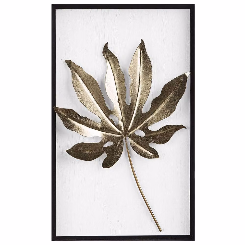 Wyld and Coco Gold Leaf Metal Wall Art - Modern Rectangular Floral Botanical Decor in White and Gold – 2