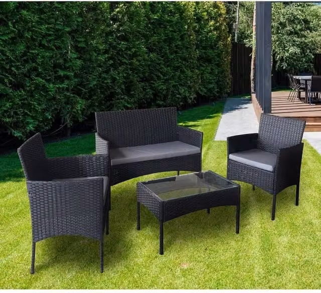 EONLION 4-Piece Black Polyrattan Outdoor Garden Furniture Set with 2-Seater Sofa, Coffee Table and Cushions