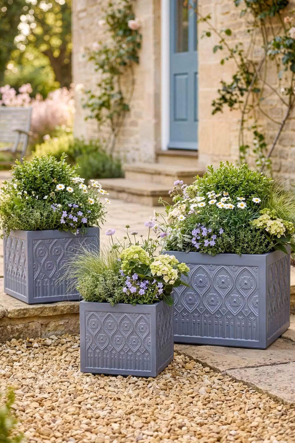 Dibor Set of 3 Siena Grey Embossed Ceramic Outdoor Garden Planter Tubs – 2