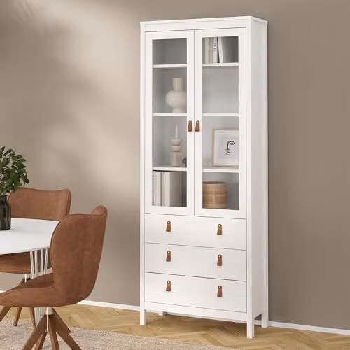 Furniture To Go Barcelona Modern China Cabinet with Glass Doors and 3 Drawers in White – 4