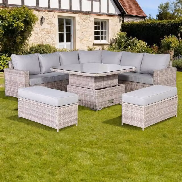Furnishings For Less UK Round Corner Rattan Patio Sofa Set with Adjustable Table in Grey