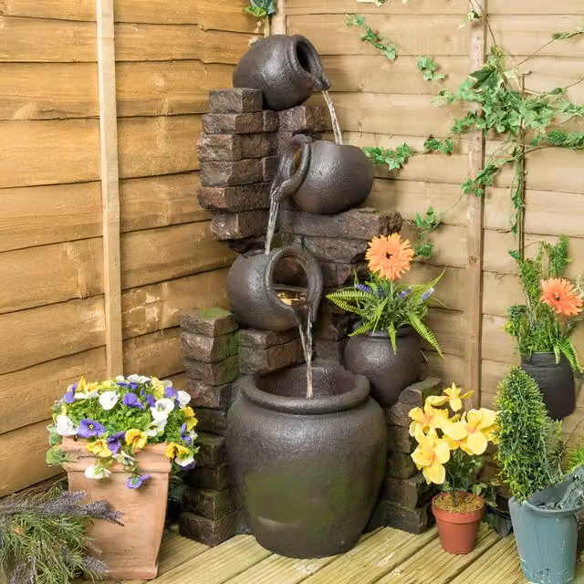 Primrose Antique Brown 3 Tier Cascading Jars Tabletop Water Feature and Planter with Lights