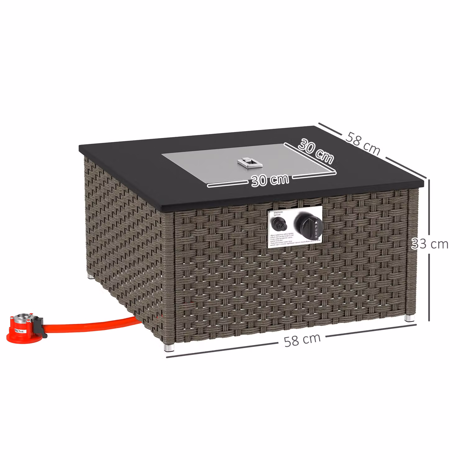 Outsunny Grey Rattan Gas Fire Pit Table with Lid, 13 KW Smokeless Propane Square Garden Coffee Table, W/D/H: 58 x 58 x 33 cm – 3