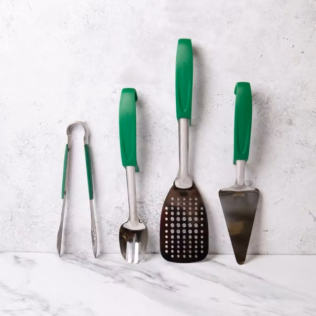 MasterClass Heat Resistant Stainless Steel and Nylon Utensil Set in Green, including Turner, Cake Server, Fork and Tongs