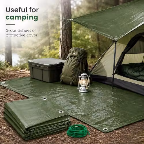 SolaDirect Green Heavy-Duty Waterproof Tarpaulin with 10m Elastic Tie Rope, 3 x 3m – 6