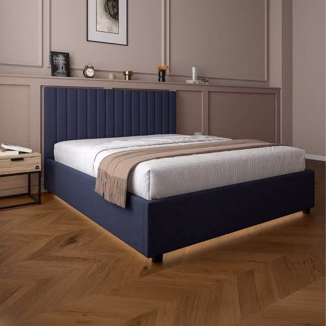 XR Living Maisie Upholstered Velvet Ottoman Bed with LED Under-Bed Lighting, Blue, W: 180 cm, D: 200 cm
