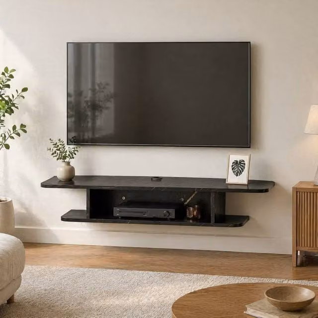 STILVORA Modern Wall Mounted Floating TV Unit with Media Compartments in Matt Black – 1
