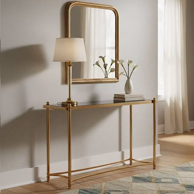Orsina Modern Glass Topped Console Table in Black and Gold, W/D/H: 130 x 40 x 80 cm – 1
