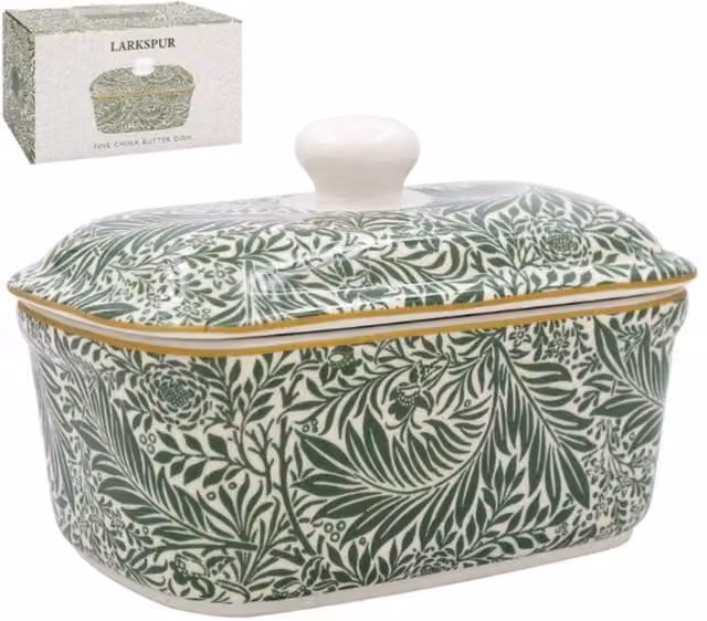 KDMD Larkspur Green Ceramic and Bone China Floral Butter Dish