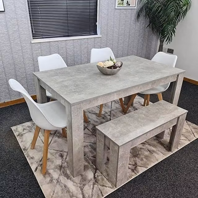 Kosy Koala Modern Stone Effect Dining Set with Rectangular Table, 4 Chairs and Bench in Grey and White