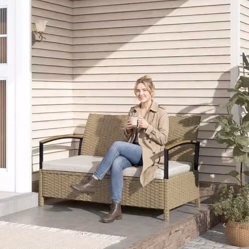 Outsunny 125L 2 Seater Garden Storage Bench in Beige PE Rattan with Metal Frame – 6