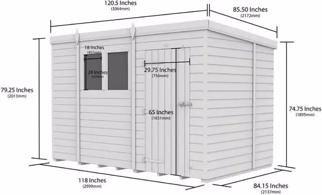 DIYSHEDS Pent Shed with Single Door and Windows, Tanalised Pressure Treated Wood, Green, W: 304.8 cm, D: 213.36 cm, H: 201.3 cm