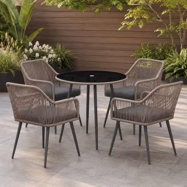 STILVORA Modern Round Garden Dining Set for 4 with Cushions, Brown Powder Coated Steel and Glass Table – 1