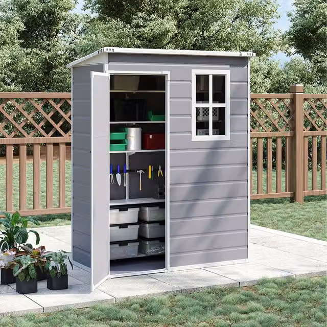 Breeins Modern Grey Plastic Pent Outdoor Garden Storage Shed Tall Cabinet