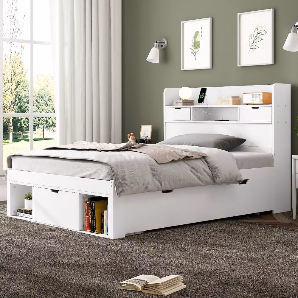 Rolipo White Single Daybed with USB Port, Drawers and Storage Cabinet, W/D/H: 90 x 190 cm – 2