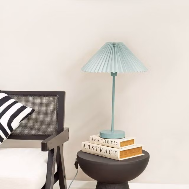 ValueLights Akira Blue Metal Table Lamp with Pleated Fabric Shade, H 48.5 cm x W 34.5 cm x D 34.5 cm