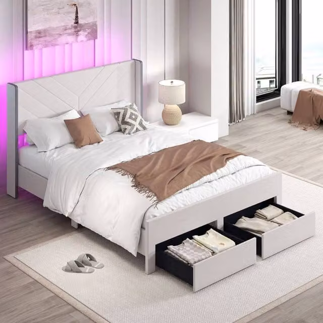 Costway King Size Upholstered Platform Bed Frame with LED Under-Bed Lighting and Drawers in Beige Velvet, 180 x 200 cm