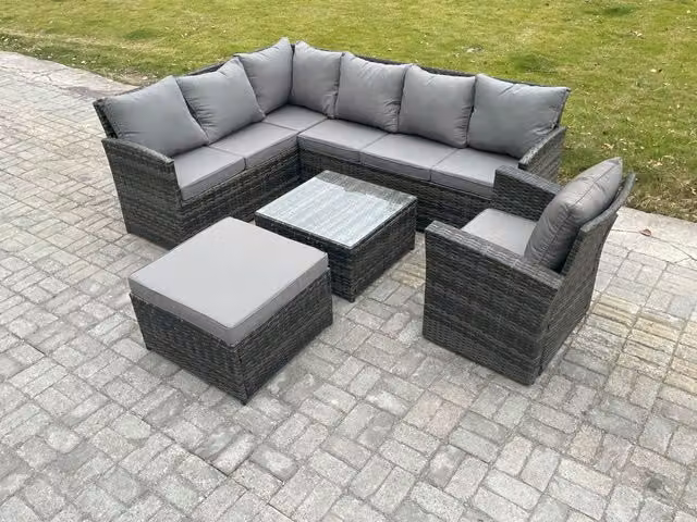 Fimous 8 Seater Outdoor Garden Furniture Set in Dark Grey PE Rattan with Corner Sofa, Coffee Table, Armchair and Ottoman