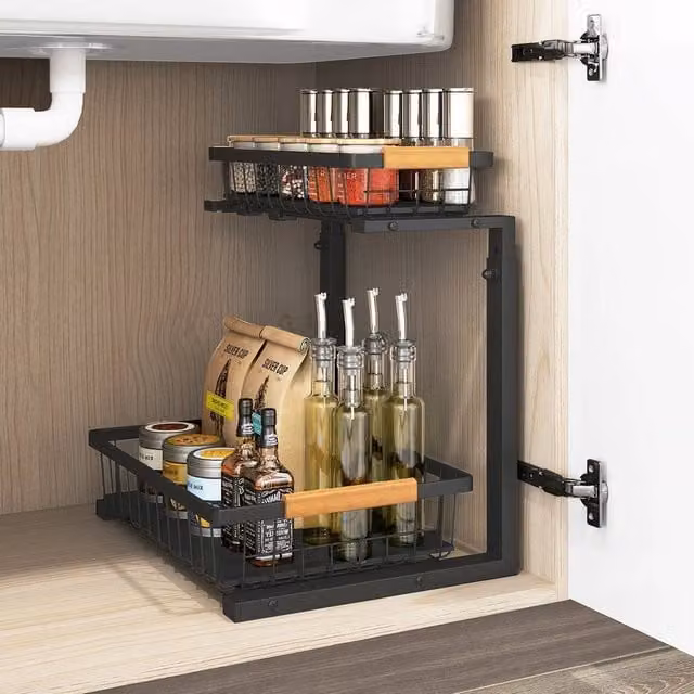 VOGREX 2-Tier Pull Out Under Sink Kitchen Storage Baskets in Black – 1