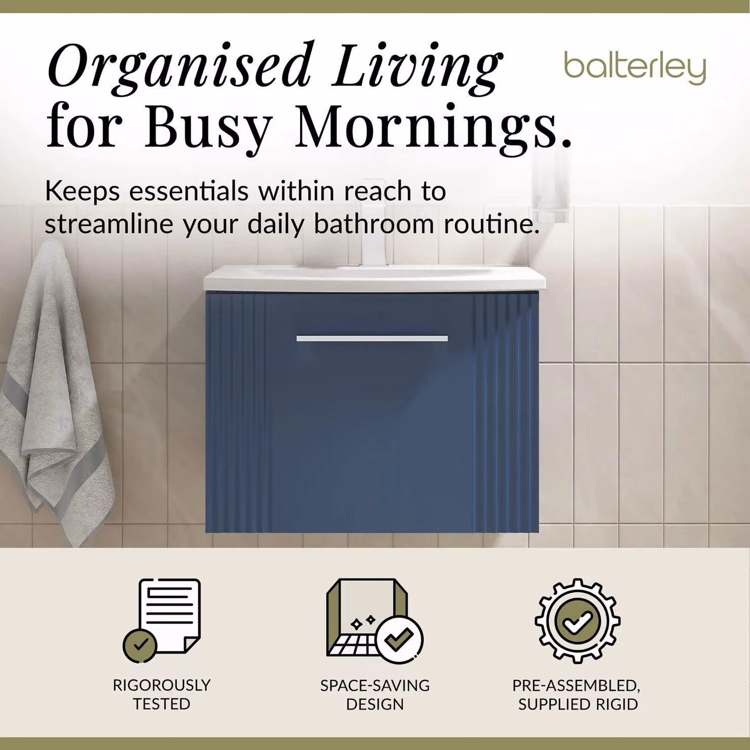 Balterley Wall Hung 1 Drawer Vanity Unit with Curved Basin, Satin Blue – 2