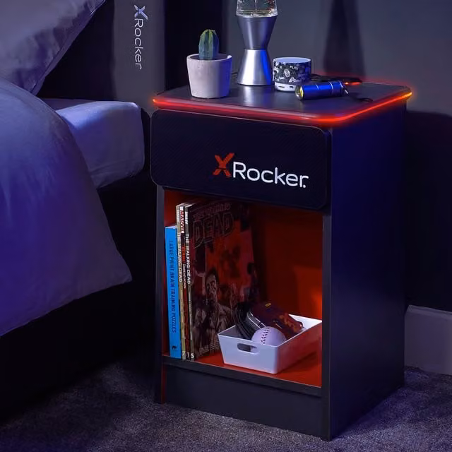 X Rocker Carbon-Tek Bedside Table with LED Lighting and Wireless Charging, Grey and Red, W: 36 cm, D: 33 cm, H: 54 cm – 1