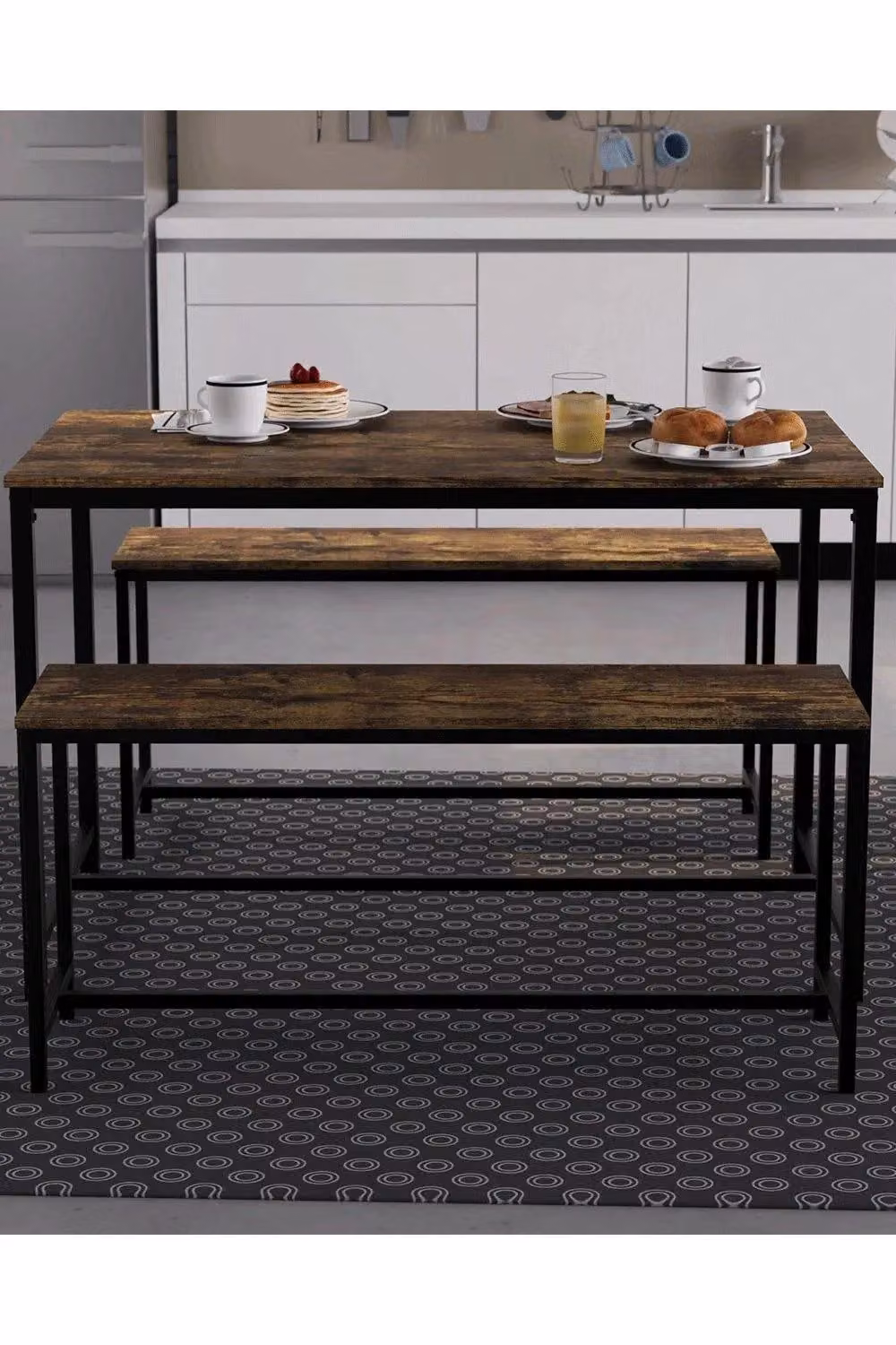 Vida Designs Brooklyn 4 Seater Industrial Dining Set with Table and Benches in Dark Brown – 3