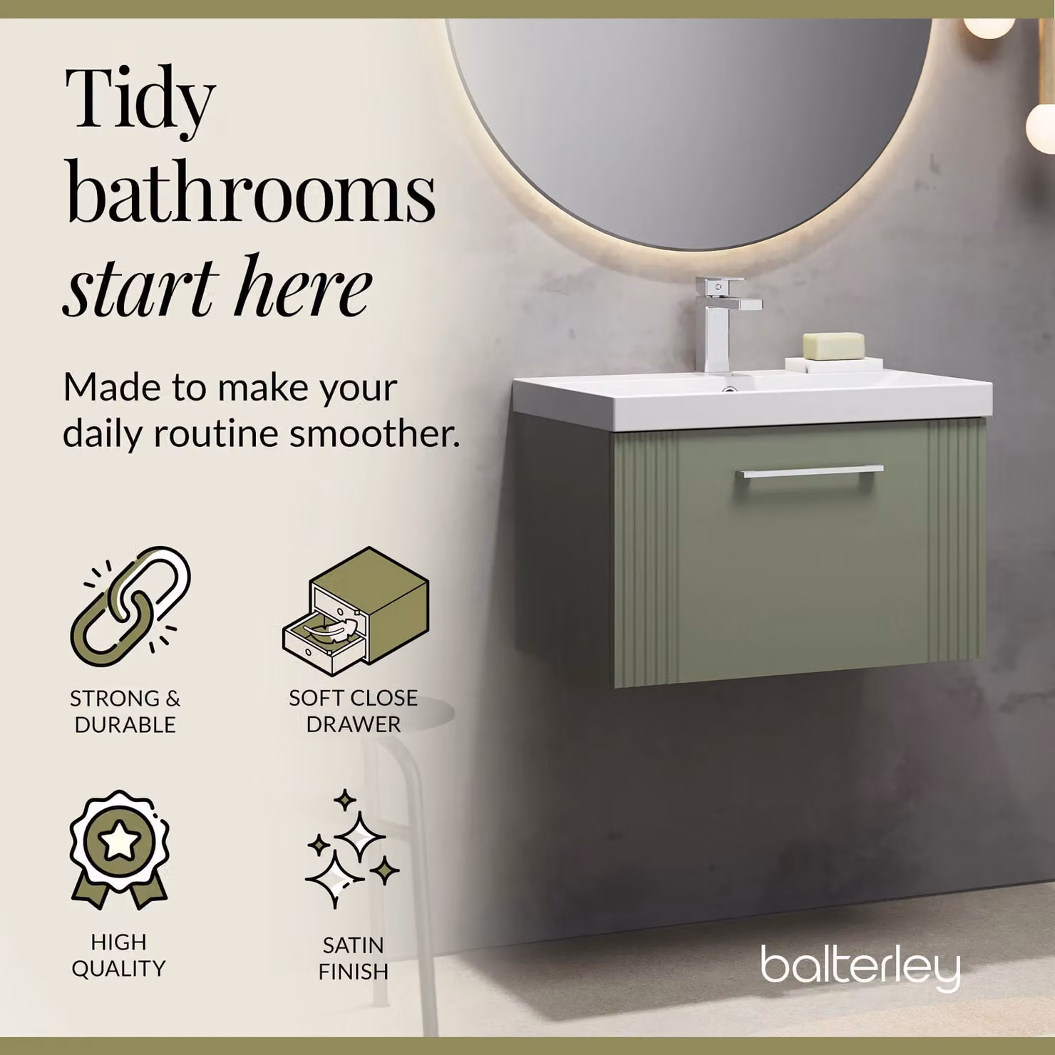 Balterley Wall Hung 1 Drawer Vanity Unit with Thin-Edge Basin, Satin Green, W: 60 cm, D: 37.7 cm, H: 60 cm – 2