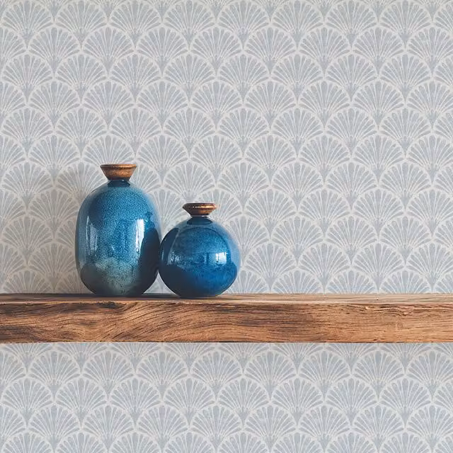 Arthouse Scallop Shells Geometric Art Deco Wallpaper in Blue and Grey Matt Finish