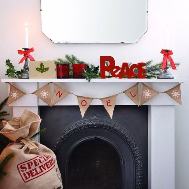 Hessian Noel Christmas Bunting in Brown with Rustic Textile Pennants