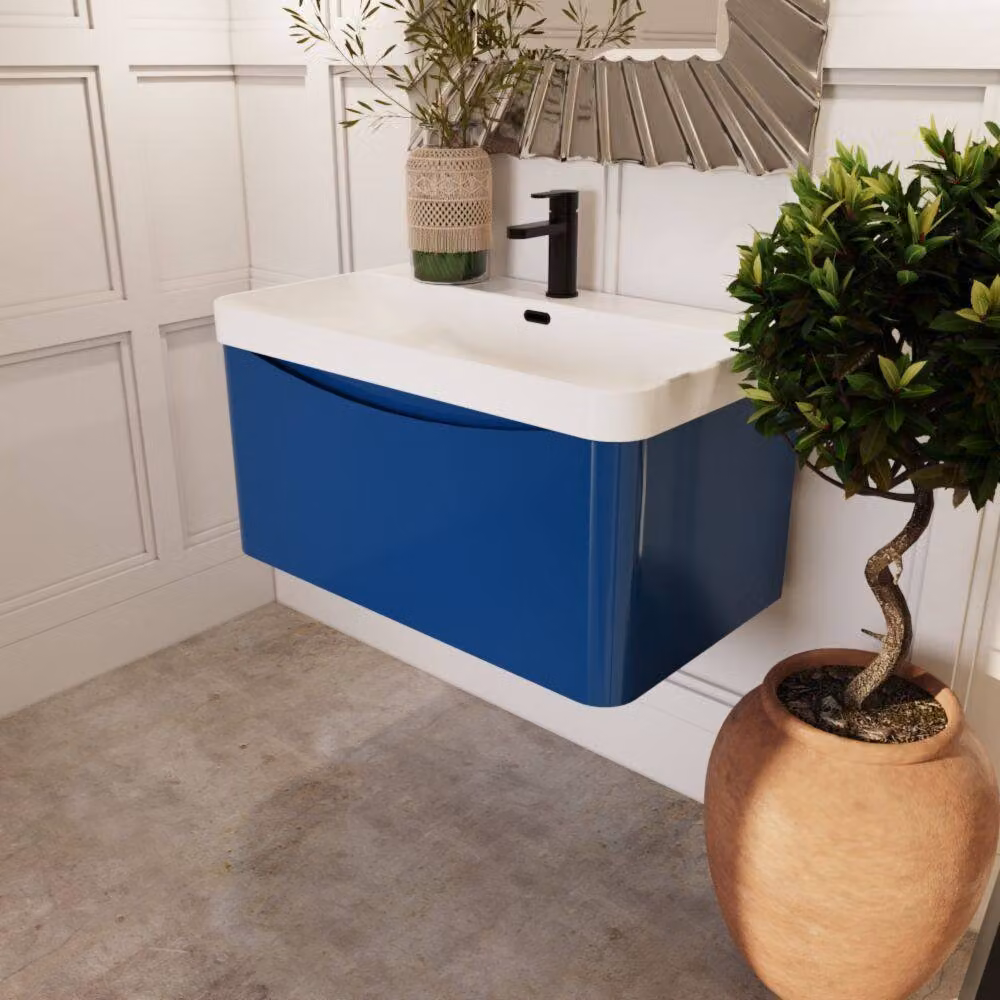Balterley Arch Wall Hung 1 Drawer Bathroom Vanity with Ceramic Basin, Blue, Width: 80 cm – 3