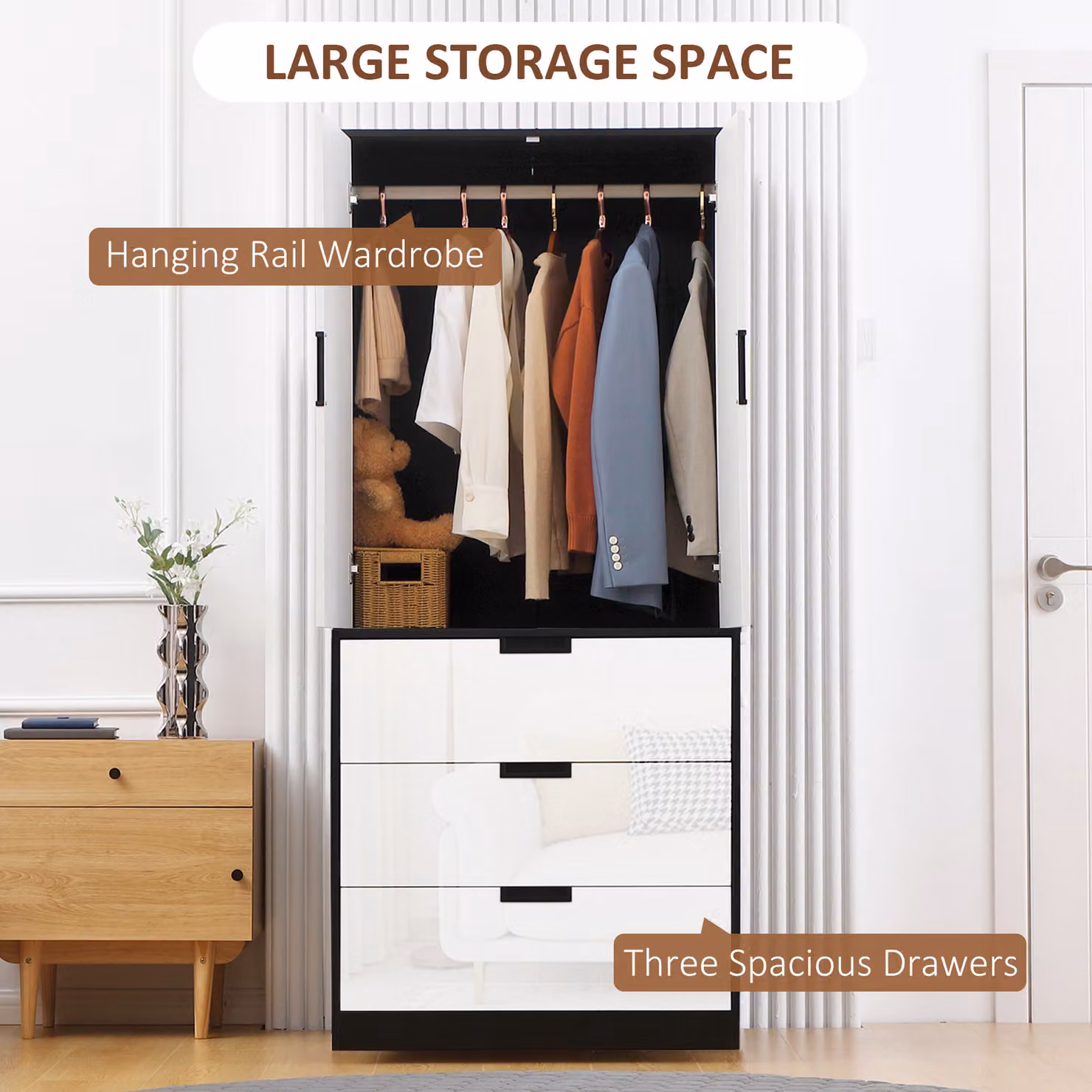 HOMCOM Modern 2 Door High Gloss Wardrobe with 3 Drawers and Hanging Rod in White – 3