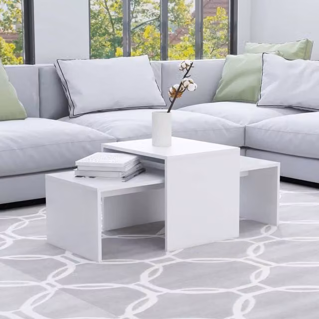 Berkfield Home White Modern Coffee Table Set with Nested Tops, W: 100 cm, D: 48 cm, H: 40 cm