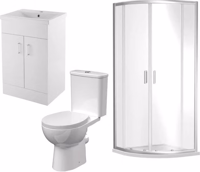 Balterley White Bathroom Suite with 900mm Quadrant Enclosure, Tray, Vanity Basin and Ceramic Toilet
