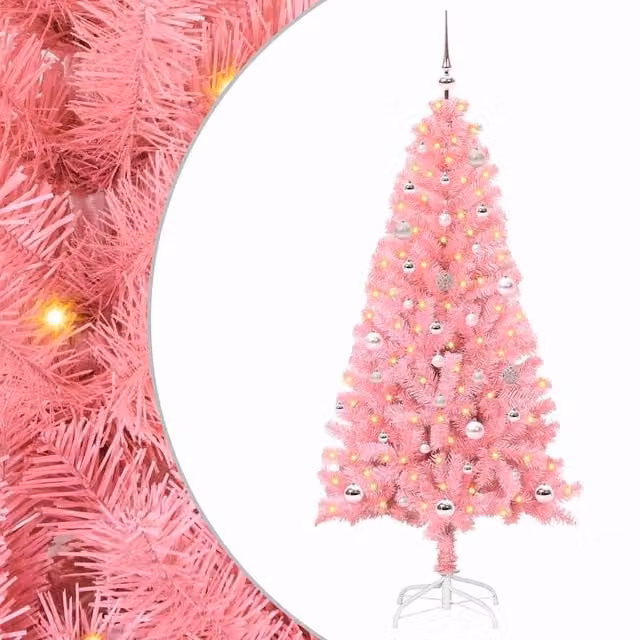 Berkfield Home Pink PVC Christmas Tree with 150 LEDs and Stand, Height: 150 cm