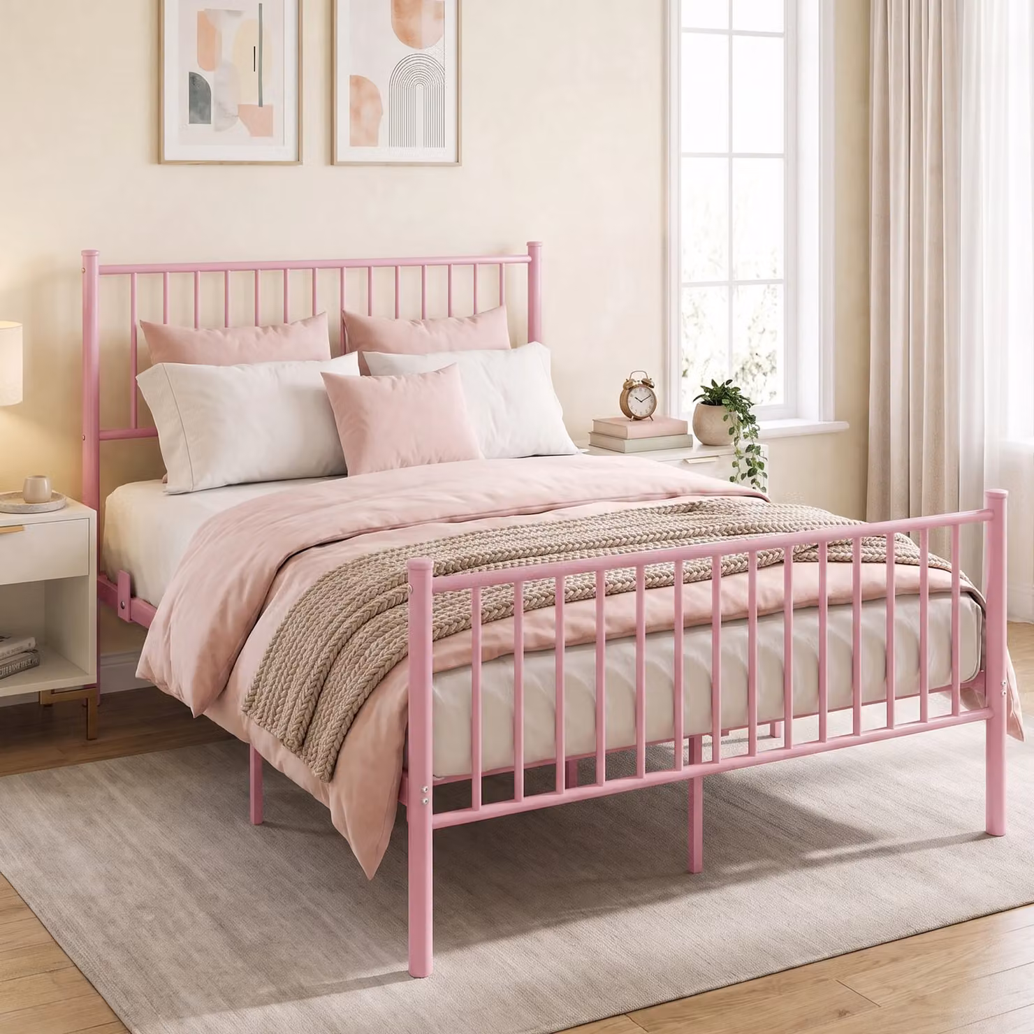 DHS Pink Lacquered Metal Vertical Bed Frame with High Headboard, W/D/H: 100 x 200 cm
