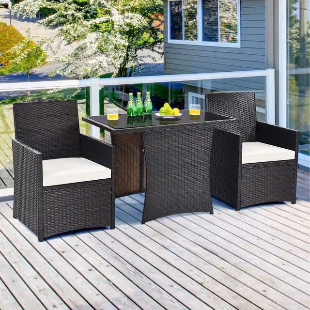 Costway 3 Piece White PE Wicker and Steel Outdoor Conversation Set