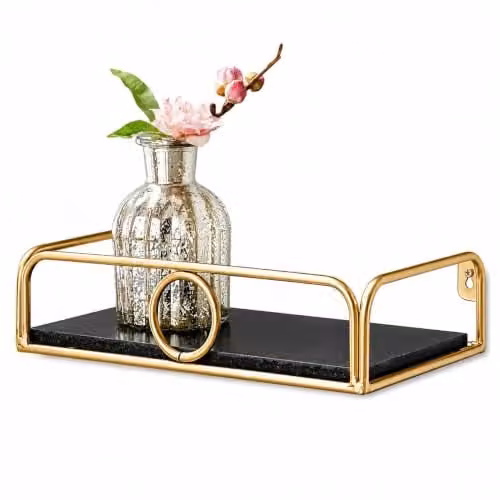 SPOT ON DEALZ Black Floating Wall Shelf with Gold Ring, W: 30 cm, D: 18 cm, H: 6.8 cm – 2