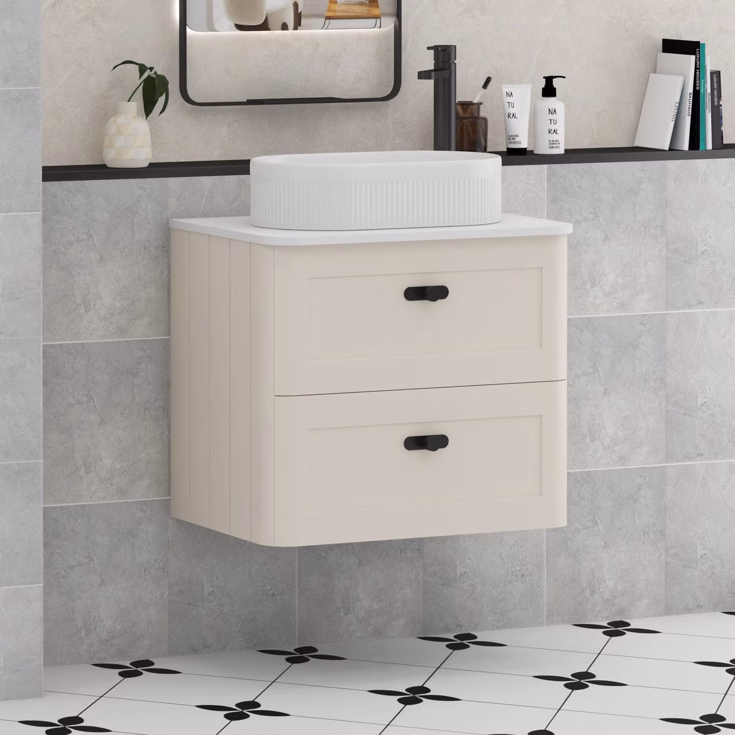 Royal Bathrooms Henley 600mm Wall Hung Vanity Unit in Mushroom Cashmere with Lyon Basin, Plain White Worktop and Matt Black Knobs