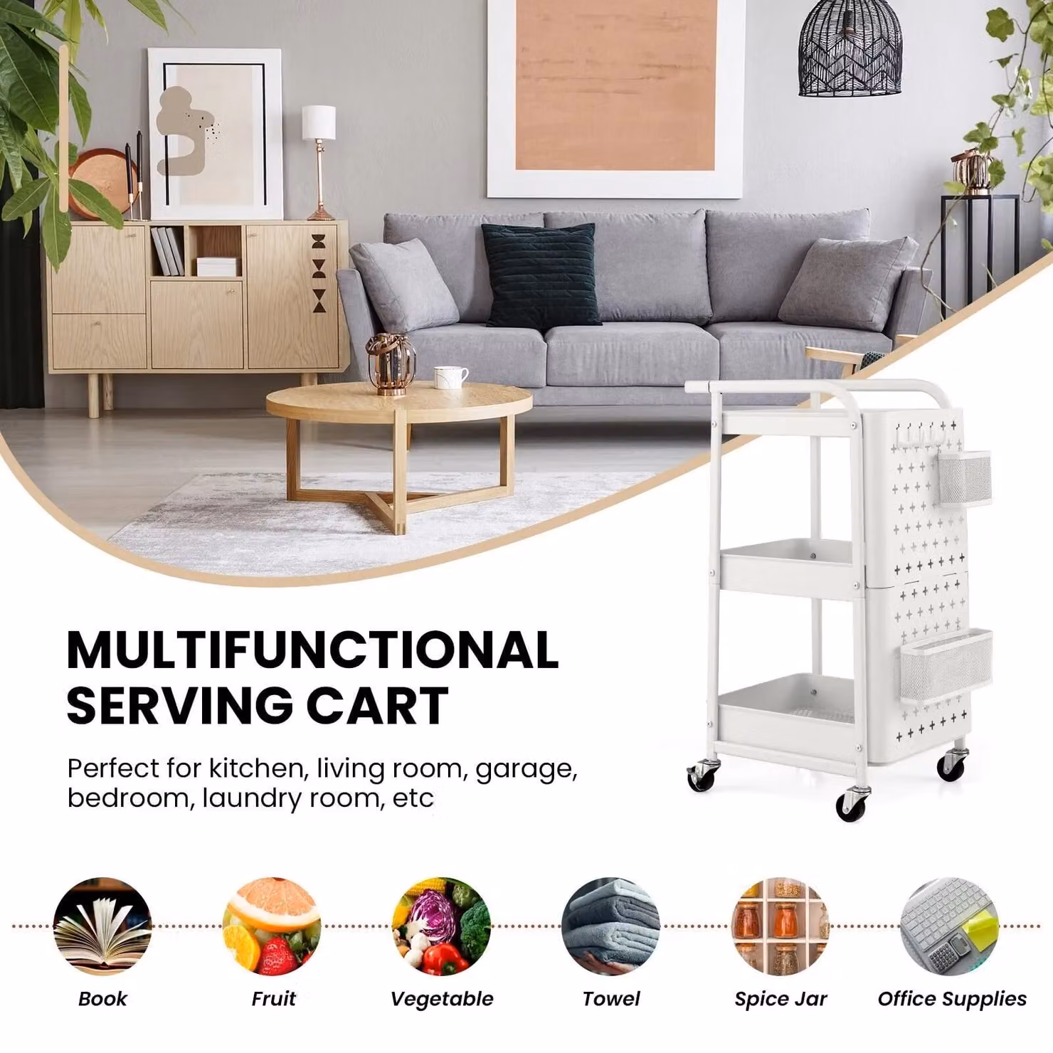 Costway 3-Tier Metal Rolling Storage Trolley with 2 Pegboards, 2 Baskets and 4 Hooks in White – 5