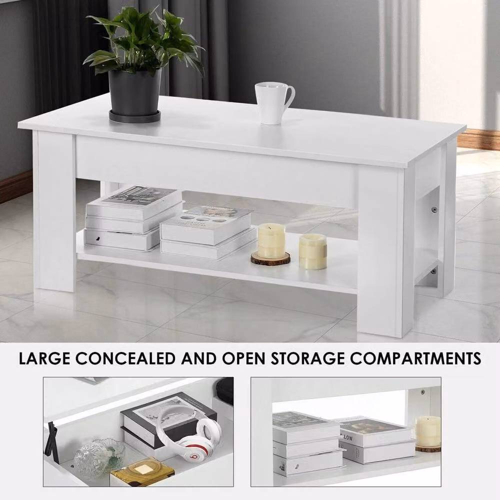 Kelvenix Modern White Lift Up Coffee Table with Storage Shelf – 3
