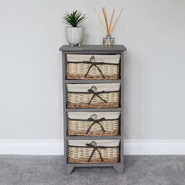 JVL Sherborne 4 Drawer Willow Storage Unit in Grey